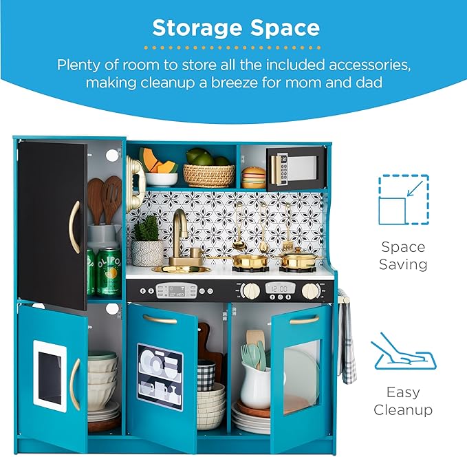 Best Choice Products Pretend Play Kitchen Wooden Toy Set for Kids w/Realistic Design, Telephone, Utensils, Oven, Microwave, Sink - Teal