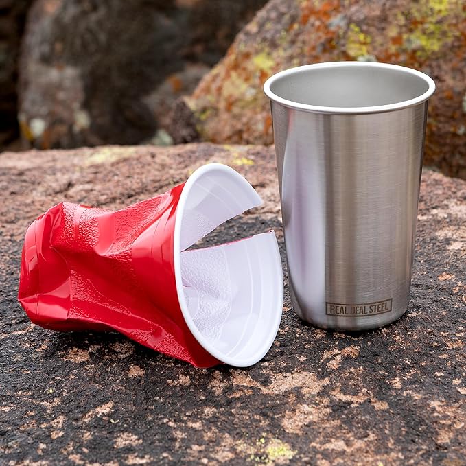 Stainless Steel 16 oz Pint Cups Stackable Single Wall Tumblers, Eco Friendly Premium Metal Drinking Glasses (Stainless Steel)