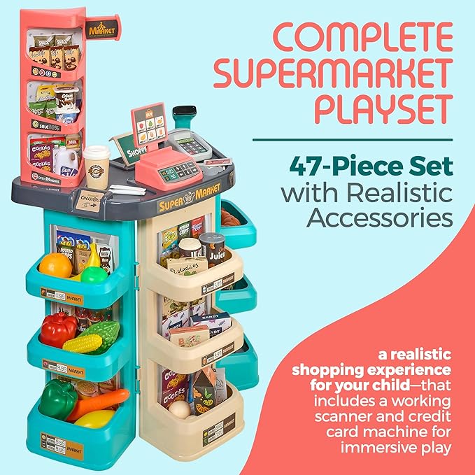 MEDca Kids Play Supermarket Set with Scanner - Pretend Play Grocery Shop Set - 47 Piece Complete Playset with Cash Register Credit Card Machine Scanner Shop Trolley and Food Gift for Boys and Girls