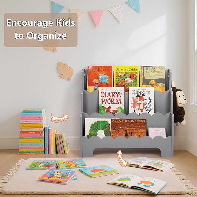 Kids Bookshelf Wooden 3-Tier, Scalloped Book Shelf for Kids Rooms, Front Facing Toddler Montessori Bookshelf, Baby Nursery Book Shelves Kid Classroom Book Shelf Bookcase