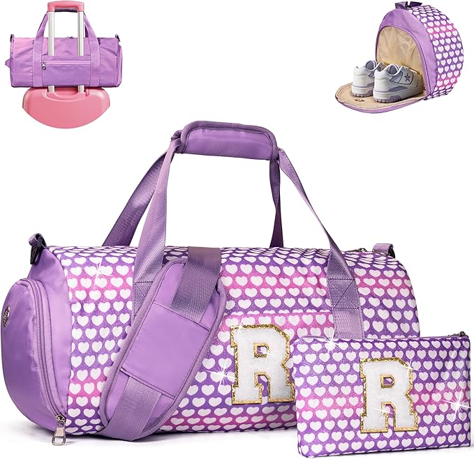 Cheer Up Gifts for Kid, Girls Travel Duffel Bag, Kids Initial Overnight Bags with Shoe Compartment, Personalized Gym Ballet Dance Bag with Makeup Pouch, Birthday Gift Ideas (Letter R)