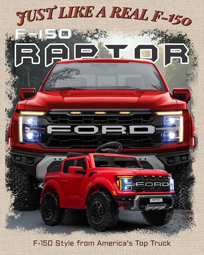 First Ride On Licensed Ford F-150 Raptor 12 Volt Kids Ride on Car, Ride on Toys for Kids with Remote Control, Electric Vehicle for Toddler with Smooth Start, Truck Bed Storage, Bluetooth (Red)