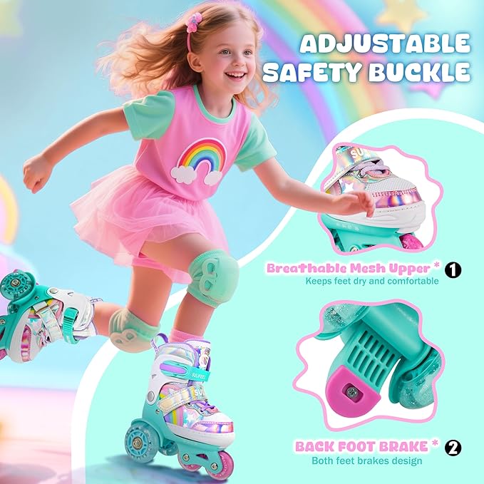 SULIFEEL Rainbow Unicorn 4 Size Adjustable Light up Roller Skates for Girls Boys for Kids