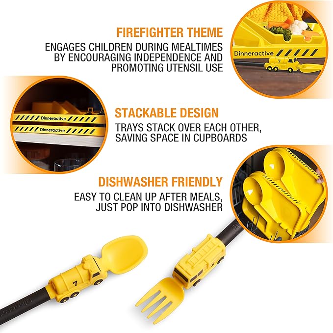 Dinneractive Dining Set For Kids - 3PC Yellow Firefighter Dinnerware - Fire Truck Utensils - Toddler Plates - Baby Dishes