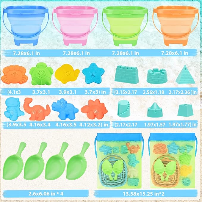 4 Packs Foldable Beach Buckets Set, Collapsible Bucket with Sand Shovels and Mesh Bag for Kids Toddlers Beach Toys, Silicone Sand Pails, Easter Egg Hunt, Camping, Travelling and Fishing Water Pail