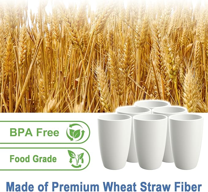 Drinking Glasses 20 OZ Tumbler Large Cups Wheat Straw Cups Set of 6 | Alternatives to Plastic Tumbler Dishwasher Safe Water Glasses Drinking Cup Reusable Cups for Kitchen - White