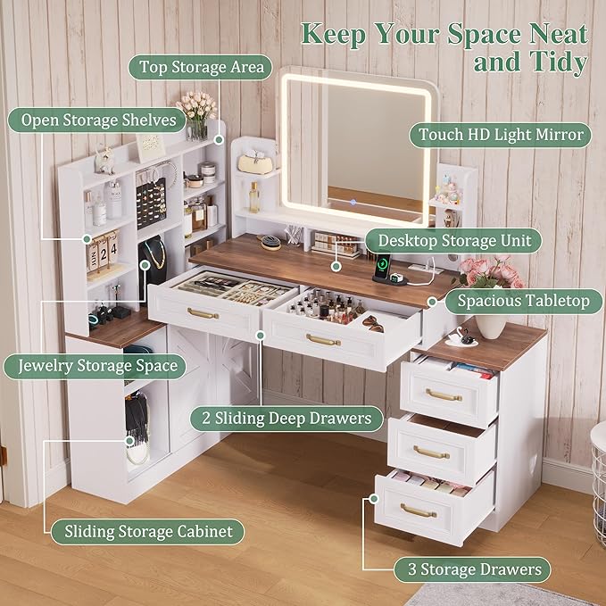 White Vanity Desk with Mirror and Lights 3 Colors, Makeup Vanity Table with Lights & Power Outlets,Makeup Desk with 5 Drawer and Storage Shelves, Jewelry Storage for Bedroom,White Vanity