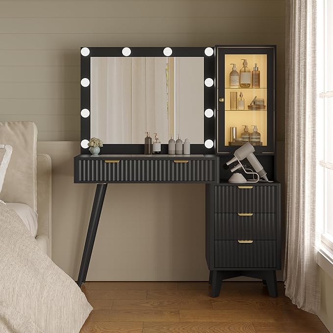 Makeup Vanity Desk with Mirror and Lights, 45" Fluted Wood Vanity Desk with Glass Top, 5 Drawers & RGB Glass Cabinet, Power Outlet, Mid Century Modern Dressing Table Set for Women Girls Bedroom
