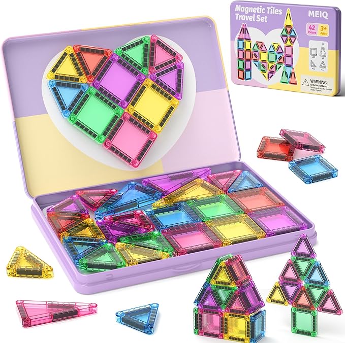 42-Piece Mini Magnetic Tiles Travel Set with Metal Storage Box - Portable STEM Building Blocks for Kids Ages 3-8, Montessori Educational Toys for Airplane & Car Rides, Gift for Boys & Girls