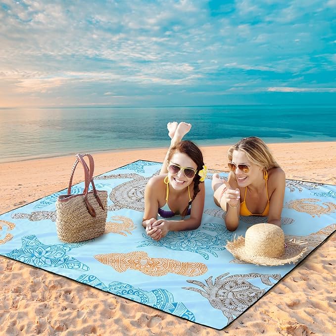 Beach Blanket Waterproof Sandproof Beach Mat 79" X 83"/10'x9'for 2-8 Adults Quick Drying Outdoor Picnic Mat Beach Accessories for Travel, Camping, Hiking