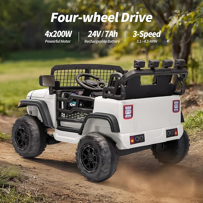 2 Seater Ride on Car Toy, 24V 4WD Electric Car for Kids 4-8 with Remote Control, 4x200W Motors, Capacity 110 lb - White