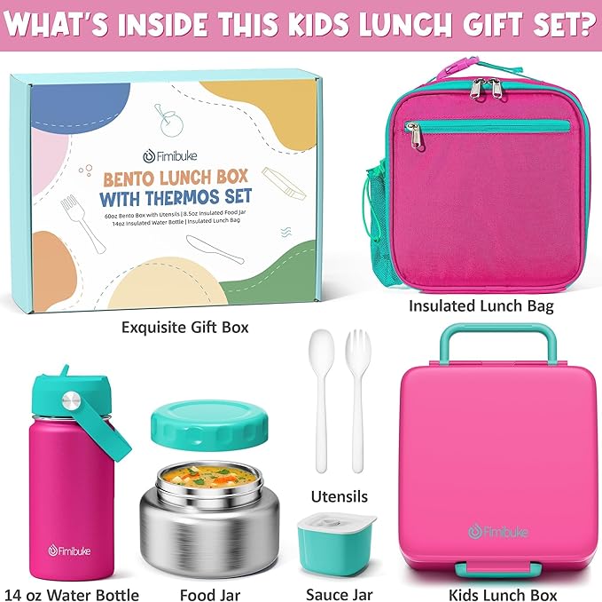 Fimibuke Bento Box for Kids Adult - Leakproof 3-4 Compartments Lunch Bento Box Set with Insulated Food Jar, Water Bottle, Lunch Bag, Sauce Cup & Cutlery for Toddler Teen Shcool Girl Boy Age 3+