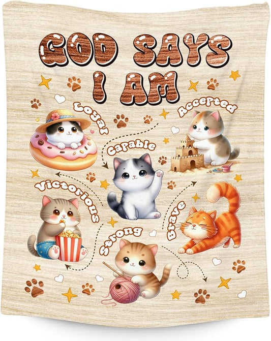 Cat Blankets for Cat Lovers, Cat Themed Gifts for Girls Boys Women Adults, Cat Blanket with Cats on It, God Says I Am Blanket for Kids Daughter Son, Fleece Throw Blankets for Couch Chair, 40"x50"