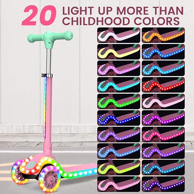 2-in-1 Adjustable Kick Scooter for Kids 3-5 (Suitable 3-12 Years),5-Level Handlebar & Removable Seat, LED Light-Up Wheels, Wide Deck, Foldable Design for Indoor/Outdoor Use - Girls & Boys