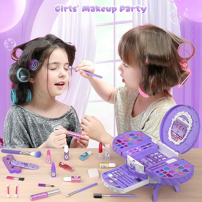 PERRYHOME Kids Makeup Sets for Girls 5-8, 57 Pcs Washable Real Cosmetic Set, Non-Toxic Toddler Makeup Toys, Girls Makeup Kit, Princess Toys & Birthday Gifts for 3 4 5 6 7 8+ Years Old (Purple)