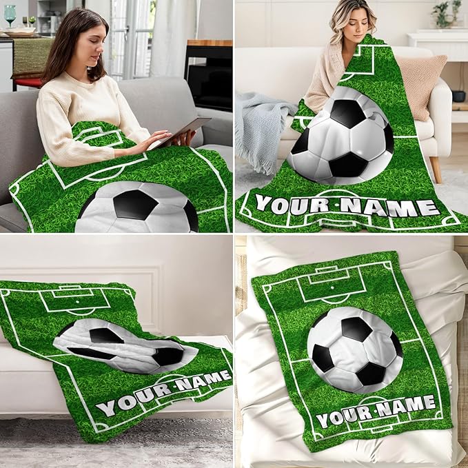 Personalized Soccer Throw Blanket with Name - Soft, Fuzzy & Warm - 50x60 Inches Throw Size Blanket for Couch, Office - Green Soccer Gifts for Girls, Boys