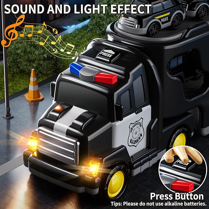 Police Truck Toy for 3-9 Years Old Boys & Girls - 7 in 1 Black Carrier Vehicle Set with 5 Toy Cars & 1 Helicopter, Friction Powered Car for Kids Age 1-3, Birthday Gifts for Toddlers 3-5
