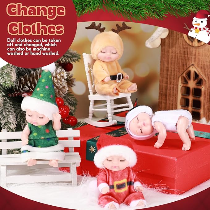 Hanaive 4 Pcs 4 Inch Mini Baby Dolls Lifelike Realistic Baby Dolls Animal Clothes Cute Baby Valentine Tiny Babies Gifts Set for Girls Boys Toddlers Kids 3+ Birthday Baby Shower Favors (Santa Style)