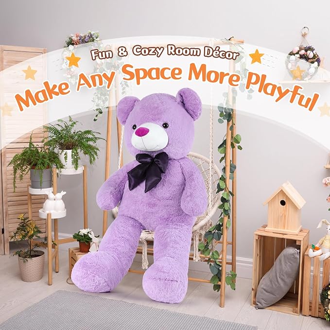 MorisMos Bow Tie Giant Teddy Bear 4 Feet, 47inch Big Lavender Teddy Bear Stuffed Animal Plush for Girlfriend, Boyfriend, Purple
