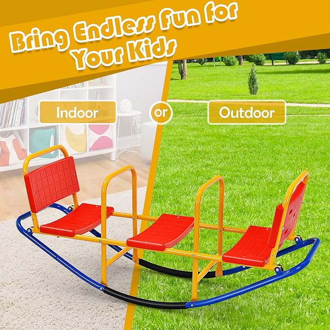 3-Person Teeter Totter Seesaw, Sit and Spin 360° Rotating Rocking Toy for Toddlers, Heavy Duty Metal Seesaw for Kids Outdoor, 3-Seater Backyard Playground Equipment for Ages 3-8 (Red)