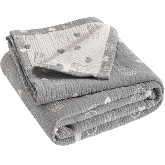 NTBAY 3 Layer Oversized Muslin Cotton Toddler Blanket, Jacquard Reversible Nursery Bed Blanket, Super Soft and Thermal for All Seasons, Baby Gift, 45"x60", Dark Grey Rabbit
