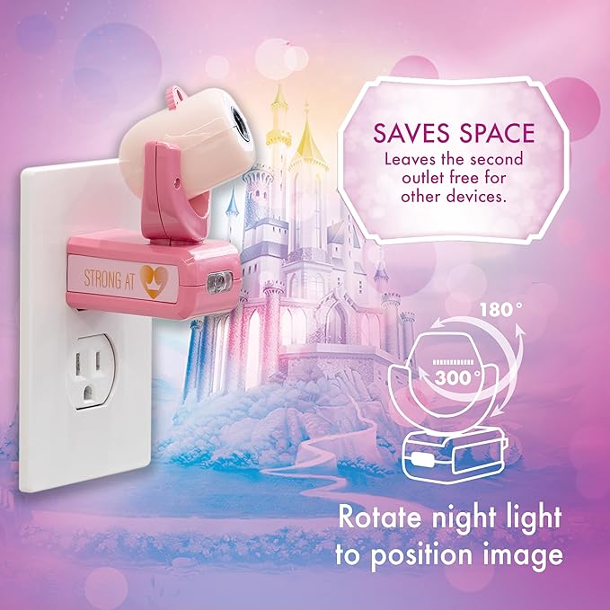 Projectables Disney Princess LED Kids Night Light, Projector, Plug-In, Dusk-to-Dawn Sensor, Belle, Jasmine, Ariel, Moana, Tiana & Mulan, Pink, 11738