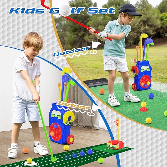Toddler Golf Set for Boys & Girls Ages 2 3 4 5, Kids Golf Clubs with Putting Mat, Golf Cart, 7 Balls, 4 Golf Clubs, 2 Practice Holes, Indoor & Outdoor Toy Sports Gift