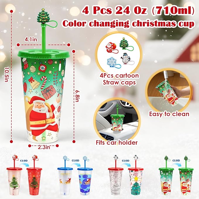 Christmas Color Changing Cups with Lids, Straws & Cute Straw Caps, 24oz PP Reusable Tumblers for Cold Drinks, 4 Pack Holiday Gift for Kids, Teens & Adults