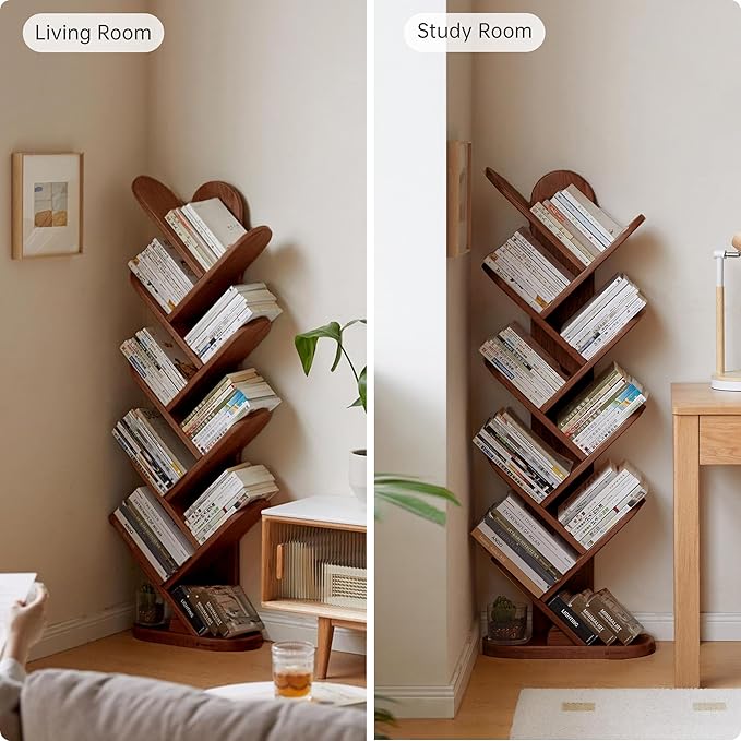 10 Tiers Bookshelf, Standing Tree Bookshelf, Creative Multi-Layer Bookcase, Standing Bookcase Rack Book Storage Organizer Shelves for Study, Bedroom, Office Walnut
