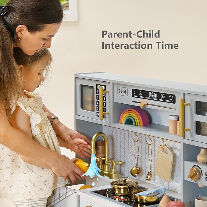 Wooden Play Kitchen for Kids – Pretend Play Kitchen Set with Realistic Stove, Sink, Coffee Maker, Ice Maker & 15 Fun Accessories, Toy Kitchen for Toddlers Ages 3+