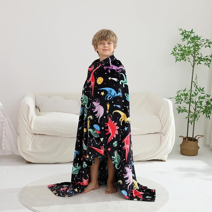 Softan Kids Throw Blanket for Girls & Boys, Warm Soft Toddler Fleece Blankets for Sofa Couch Bed， Cozy Fuzzy Plush Flannel Kids Throw Blanket for Daycare & School - Space Dinosaur 50x60 inches