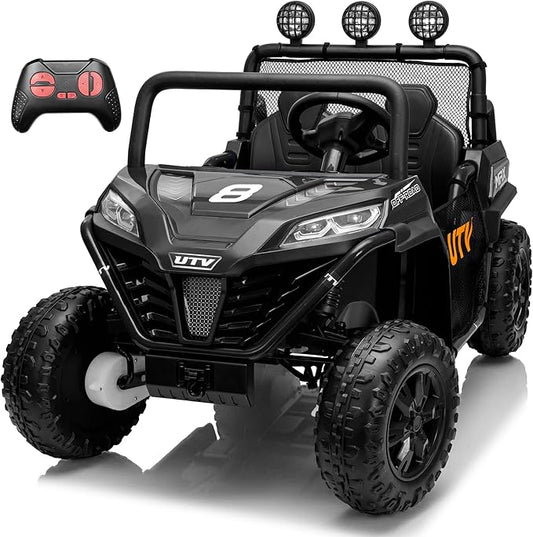 24V 2 Seater Ride on UTV Car, 4WD Ride on Toys for Kids with Remote Control, Shock Absorbers, LED Lights, Music, Off-Road Electric Car for Kids Boys Girls (Black)