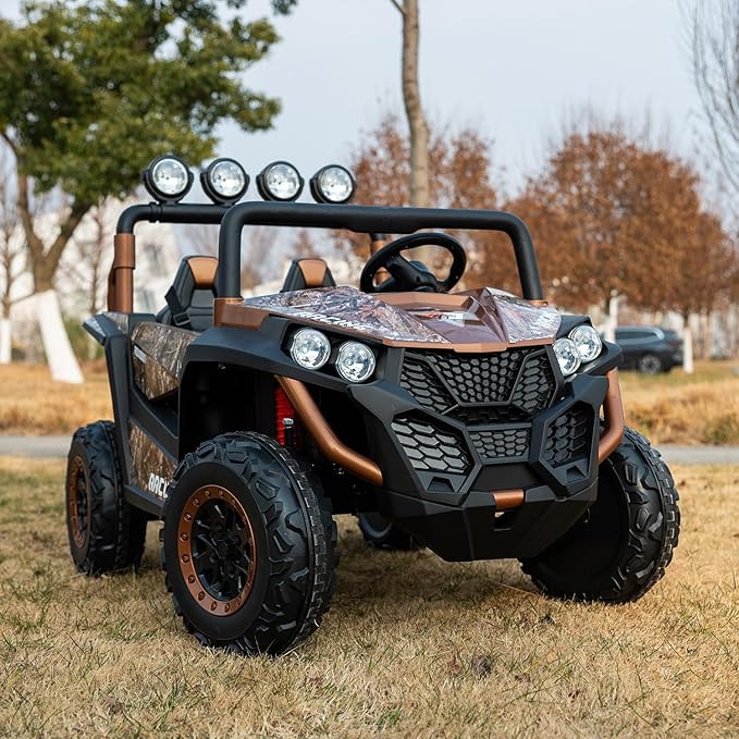 24V 2-Seater Kids Ride-On UTV, 4WD Electric Car with Parent Remote Control, 4x200W Motor, LED Headlights & Searchlights, Bluetooth Music, Spring Suspension, 3-Speed Off-Road Toy Gift, Copper
