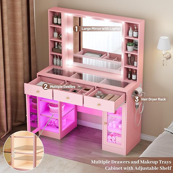 Makeup Vanity with Mirror and Lights, 43'' Wide Dressing Table with Storage Drawers, Open Shelves & Power Outlet, Vanity Desk with RGB Cabinet & Glass Top for Girls Bedroom, Living Room, Pink