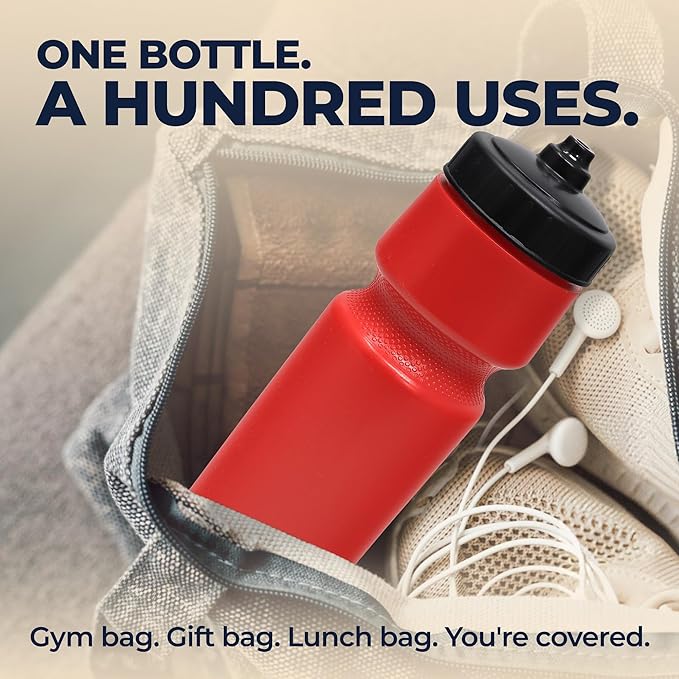 Rolling Sands USA Made 24 oz Sports Squeeze Water Bottles, 8 Pack, BPA-Free, Easy Drink One Way Flow Valve, Fits Most Bike Cages, Dishwasher Safe, Durable, Reusable and Lightweight, Red