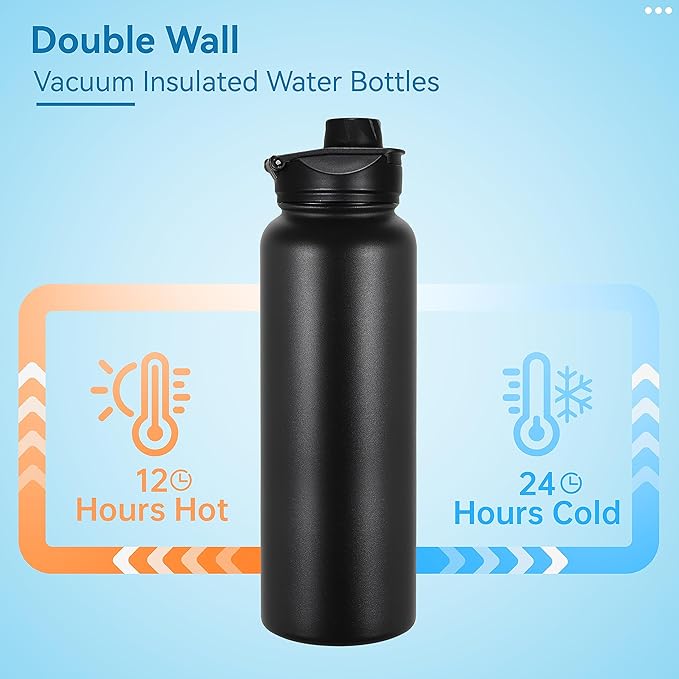 VEGOND 40 oz Insulated Water Bottle Bulk Stainless Steel Metal Water Bottles with Leak Proof Straw Lid & Spout Lid, Wide Mouth Double Walled Vacuum Travel Sports Bottle, 4 Pack