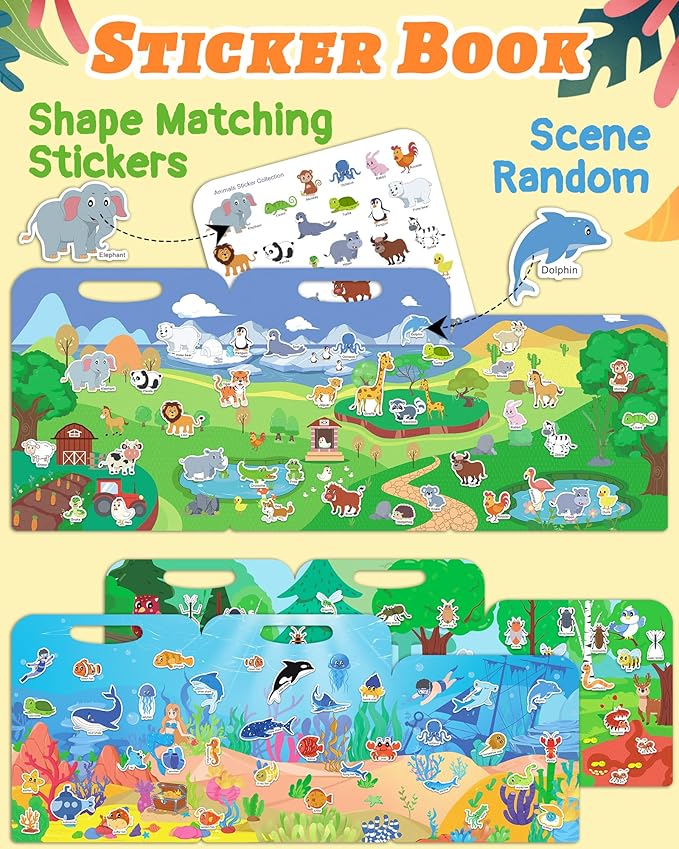 Benresive Reusable Sticker Book for Toddlers 2-4 Years, 3 Sets Travel Stickers for Kids, Waterproof Sticker Books for Toddlers 1-3, Crafts Activities for Todddlers 1-3 2-4 3-5