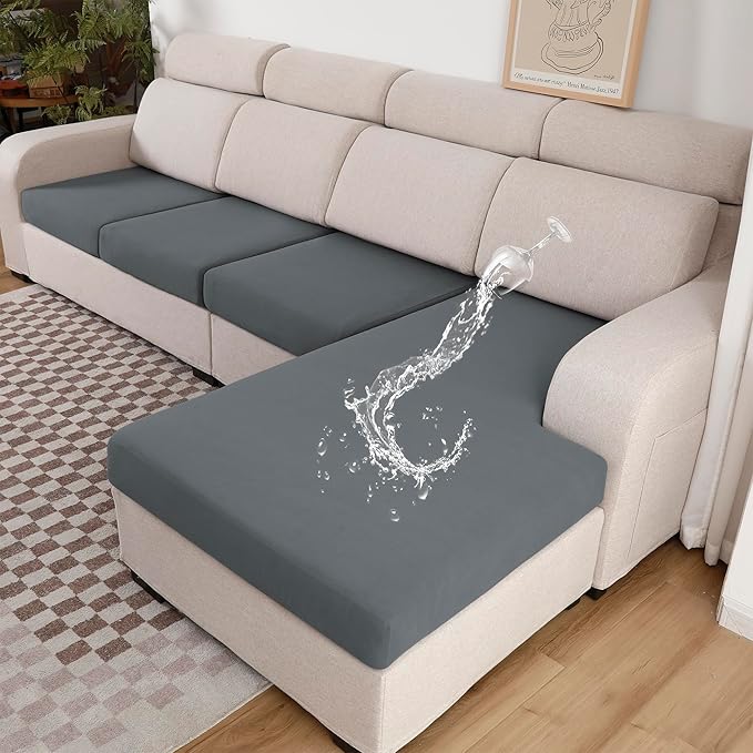 100% Waterproof Couch Cushion Covers L Shaped Chaise Cover, Stretch Seat Covers for Sectional Sofa, Reversible Couch Sofa Protector Covers for Kids Pets, Washable(Chaise Cover, Grey)