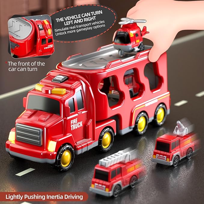5 in 1 Fire Truck Cars for Toddlers 3-5, Boy Car Truck Toys with Light Sound, Birthday Gifts for 3 4 5 6 Year Old Boy