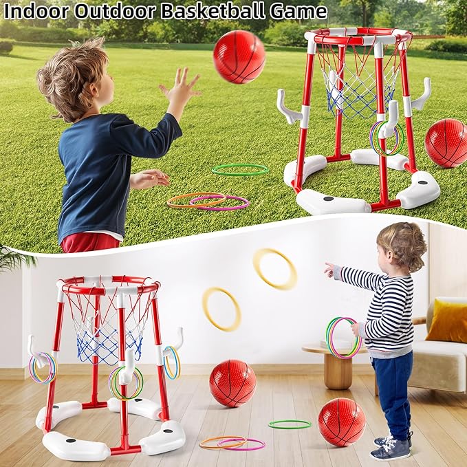 Pool Basketball Hoop, 2-in-1 Floating Pool Toys Ring Game with 4 Balls and Pump, Outdoor Swimming Pool Basketball Games Water Play Toy Family Party for Kids Adults Age 3-12 (Red)