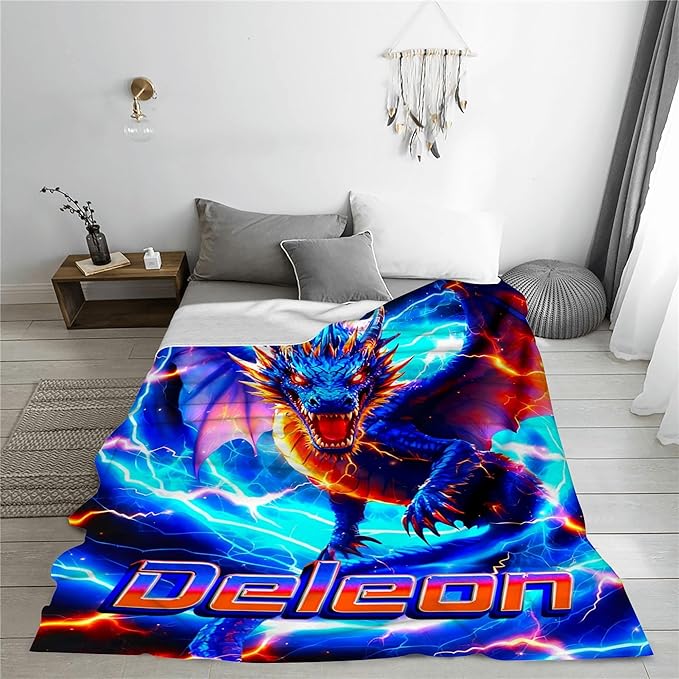 Custom Dragon Blanket with Name Personalized Lightning Throw Blanket for Boys Toddlers Gifts for Couch Sofa Bed Decor(Boy-02)