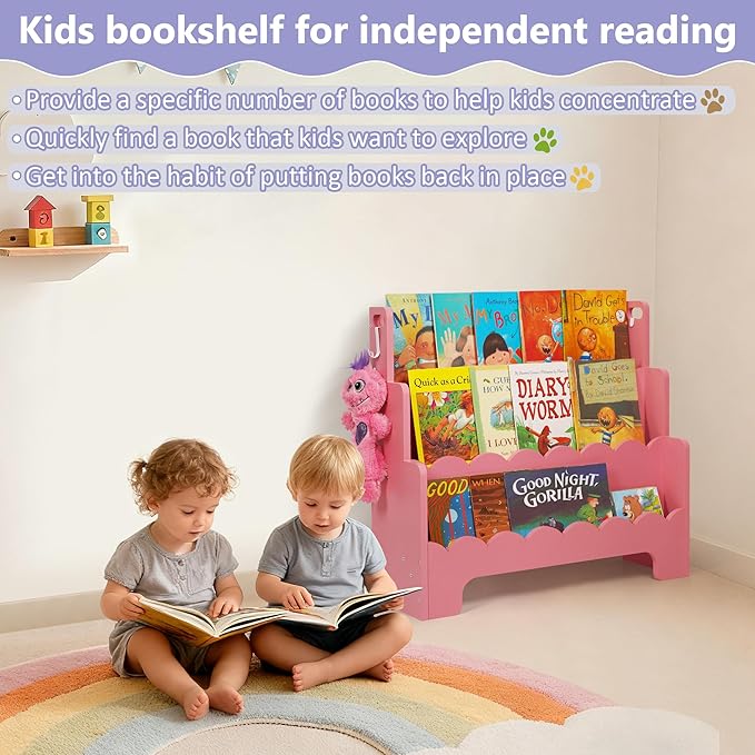Kids Bookshelf Wooden 3-Tier, Scalloped Book Shelf for Kids Rooms, Front Facing Toddler Montessori Bookshelf, Baby Nursery Book Shelves Kid Classroom Book Shelf Bookcase
