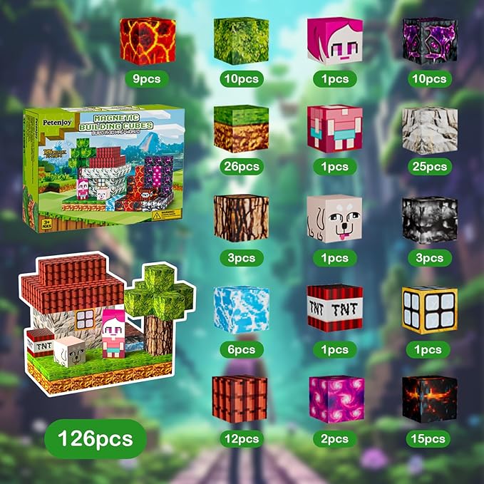 Magnetic Blocks 126PCS - 1 inch Magnetic Building Blocks Cubes Kid STEM Sensory Toy for 3+ Year Old Boys & Girls Game Themed Gifts