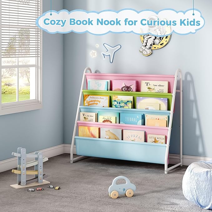 Tatub 4 Tier Kids Bookshelf for Kids Rooms, Metal Children Book Rack Montessori Bookshelf, Toddler Sling Bookrack Display for Nursery, Multicolor