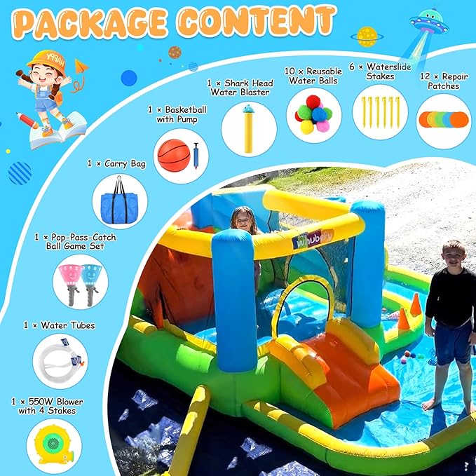 Whubefy Inflatable Water Slide Bounce House for Kids Backyard Blow Up Water Park with Dual Slides & Double Splash Pools, Ring Toss & Water Cannon, Arch & Overhead Sprinkler for Indoor Outdoor Play