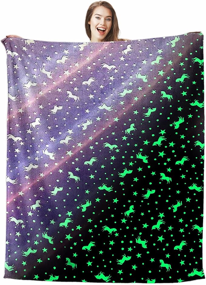 Wajade Unicorn Gifts Toys for Girls - Glow in The Dark Unicorn Blanket Birthday Christmas Decor for Kids Age 3 4 5 6 7 8 9 10 11 12 Years Old Teens Child Toddler Throw Purple 60"x80"