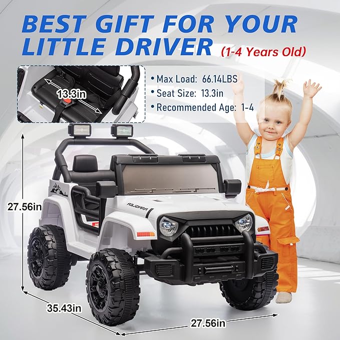 Ride on Truck Car, 12V Kids' Electric Vehicles W/Parents Control, Ride on Toys for Toddlers with Music, Bluetooth, Four-Wheels Suspension, USB, Headlights, White