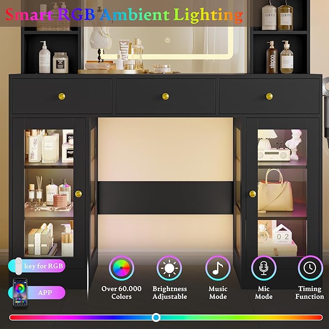 Makeup Vanity Desk with Mirror and Lights, 43" Black Vanity with Glass Top, Jewelry Storage, 3 Drawers & Glass Cabinets, Power Outlet & Adjustable LED Lights, Dressing Table for Women & Girls Bedroom