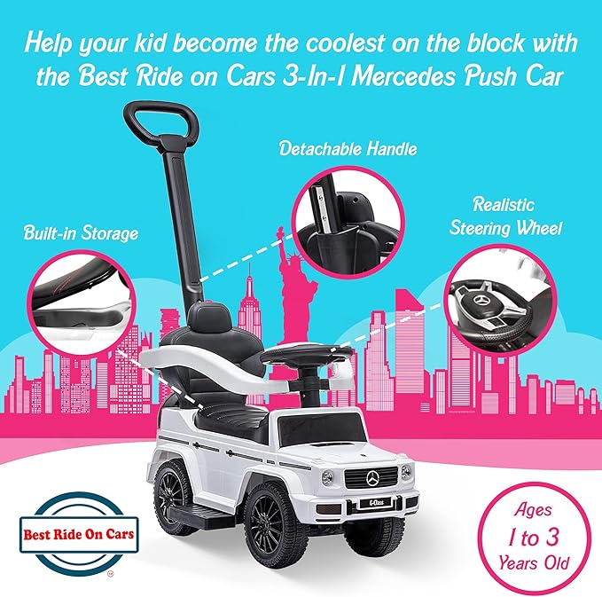 Best Ride On Cars Kids Outdoor Stroller Mercedes G-Wagon for Toddlers 1 to 3 Years Old with Music, Horn Sounds, and Handle, White
