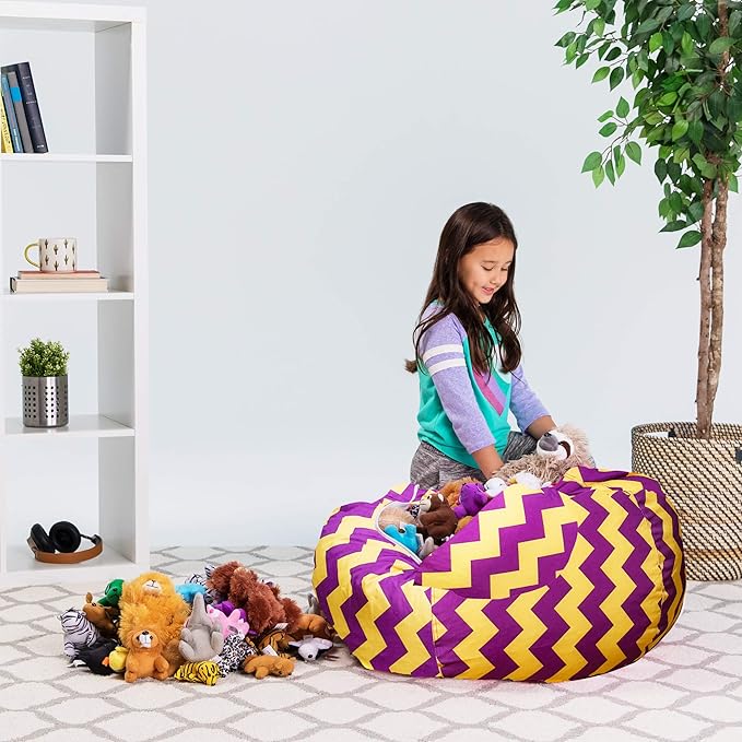 Posh Creations Stuffable Kids Stuffed Animal Storage Bean Bag Chair Cover - Childrens Toy Organizer, Large 38" - Pattern Chevron Purple and Yellow